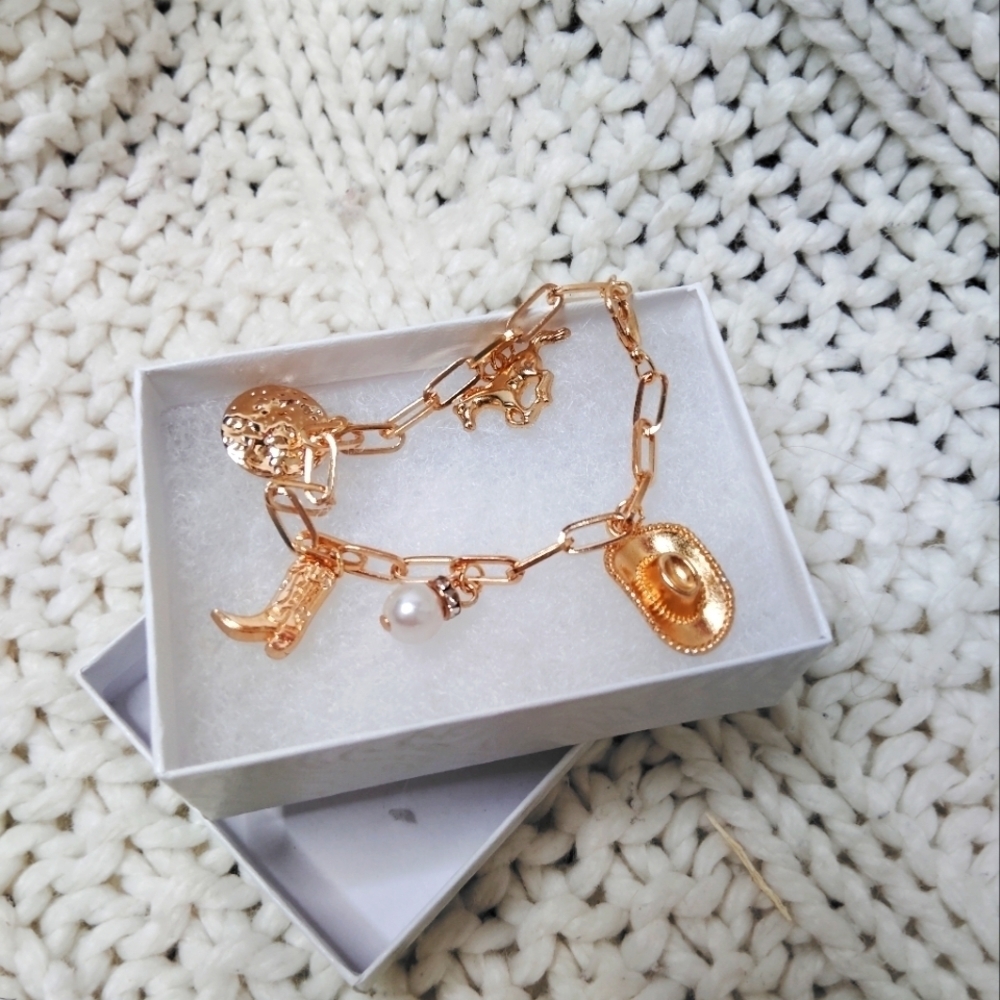 Gold Charm Bracelet with Pearl Accent Western Charm Bracelet
